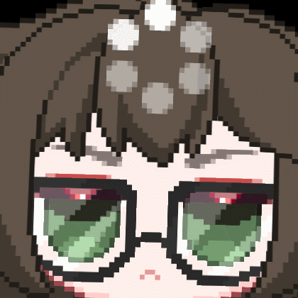 a closeup shot of Neo's model's face, with empty green eyes, brown hair, glasses and a throbber (that's the symbol that shows something is buffering) on his forehead